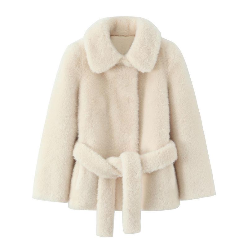 

Women s European Style Faux Fur Belted Lapel Coat Extra Small белый