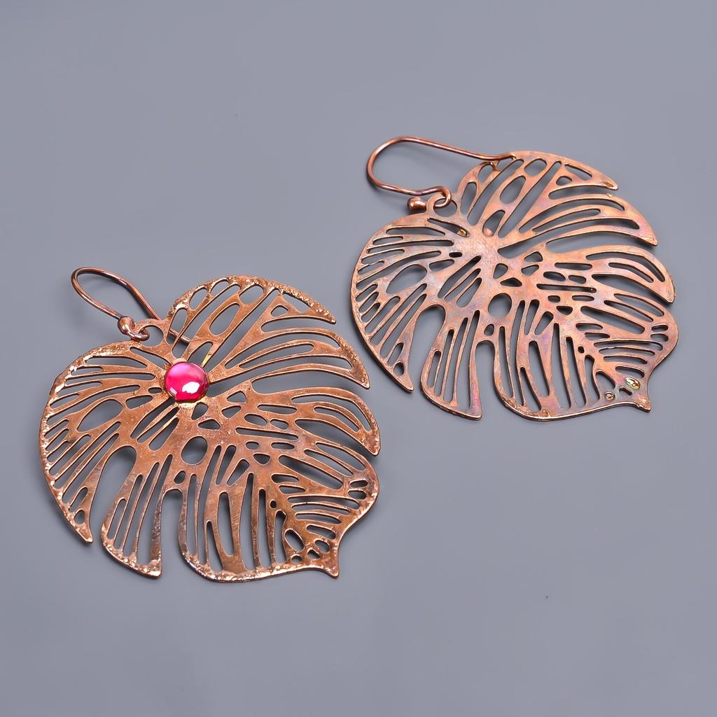 Naturalne Różowe Rubinowe Haczyki Galwanizowane Wiszące Kolczyki Prezent dla Żony Biżuteria Miedź V-49