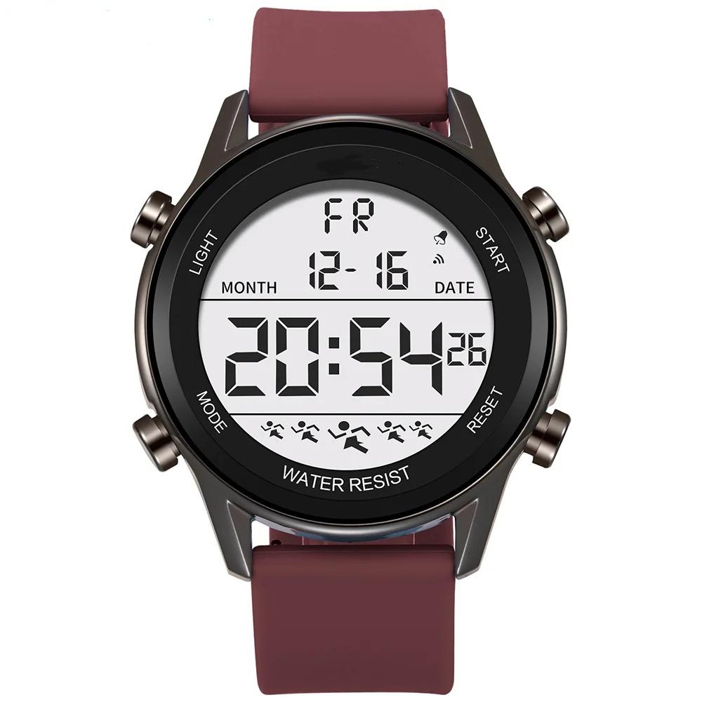 

Мужские спортивные часы на открытом воздухе, многофункциональные водонепроницаемые часы с большим экраном, светящиеся светодиодные цифровые силиконовые часы красный