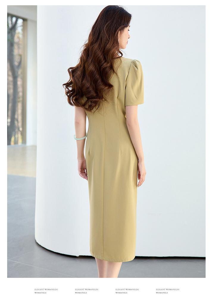 26 Year New Summer Pleated Waist Slimming and Slimming Mid Length Skirt Versatile and Elegant Slit Short Sleeved Skirt Dress