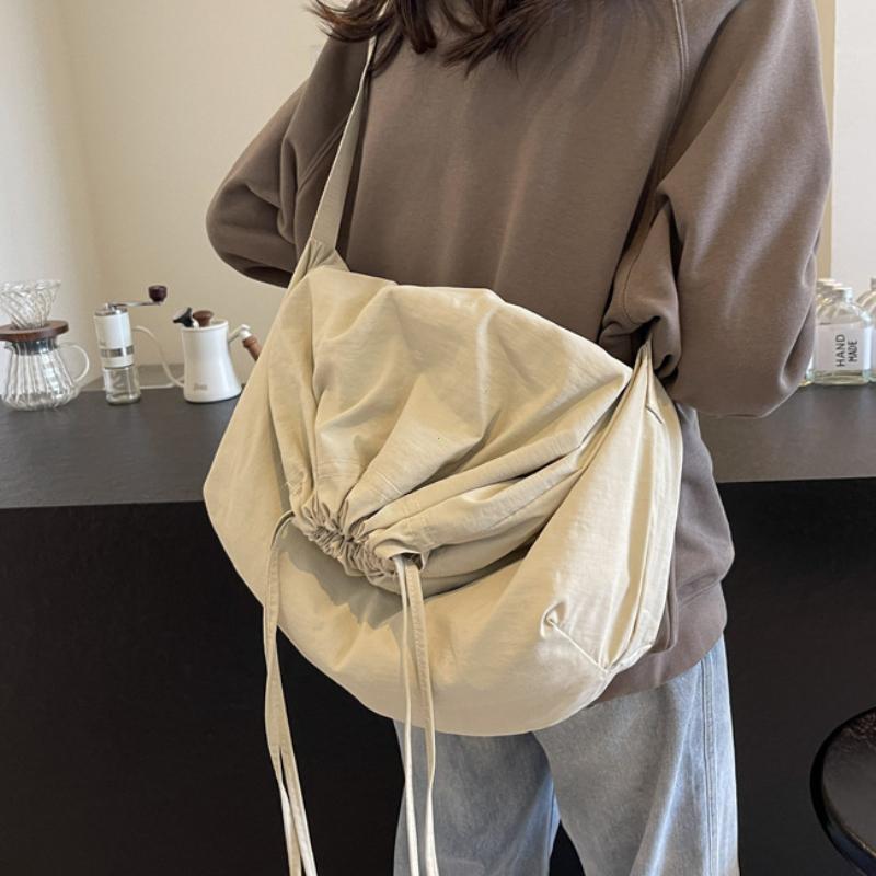 Women Drawstring Shoulder Bag Solid Drawstring Sling Bag Adjustable Strap Lightweight Shopping Bag Girls Outdoor