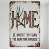 Vintage Rustic Home Metal Sign - 'HOME IS WHERE YU HANG' with Deer Antlers, Distressed Aged Finish for Hunters & Nature Lovers D