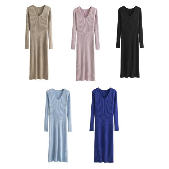Women's Sweater Dress Fall Long Sleeve V Neck Ribbed Knit Split Long Dress Casual Bodycon Slim Fit Midi Dress