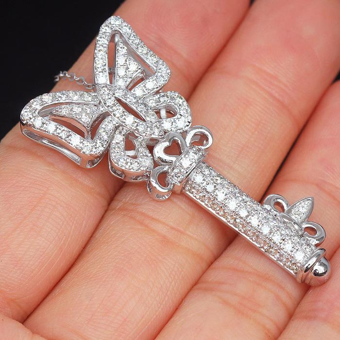 Silver Plated Butterfly Key Full CZ Pendant Necklace, Elegant Sparkling Cable Chain Necklace for Women