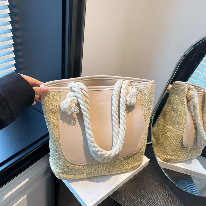 Straw Large Capacity Fashion Splicing Tote Bag Summer Commuter Shoulder Underarm Bag Tote Bag