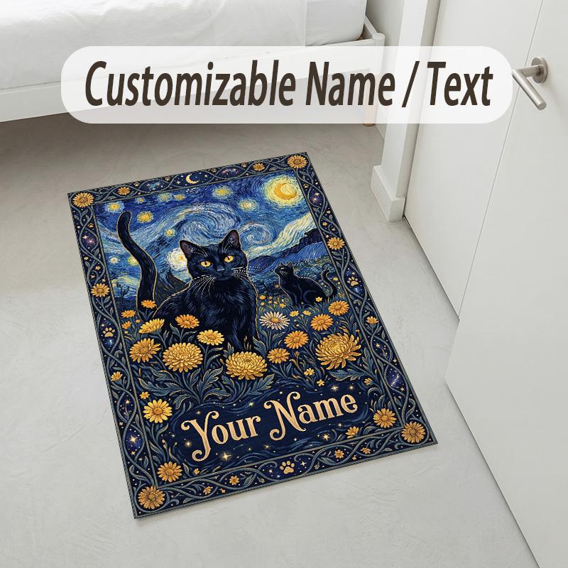 Black Cat Music Theme Soft Crystal Velvet Rug Custom Name & Text Print Non Slip Floor Rug for Bedroom Living Room