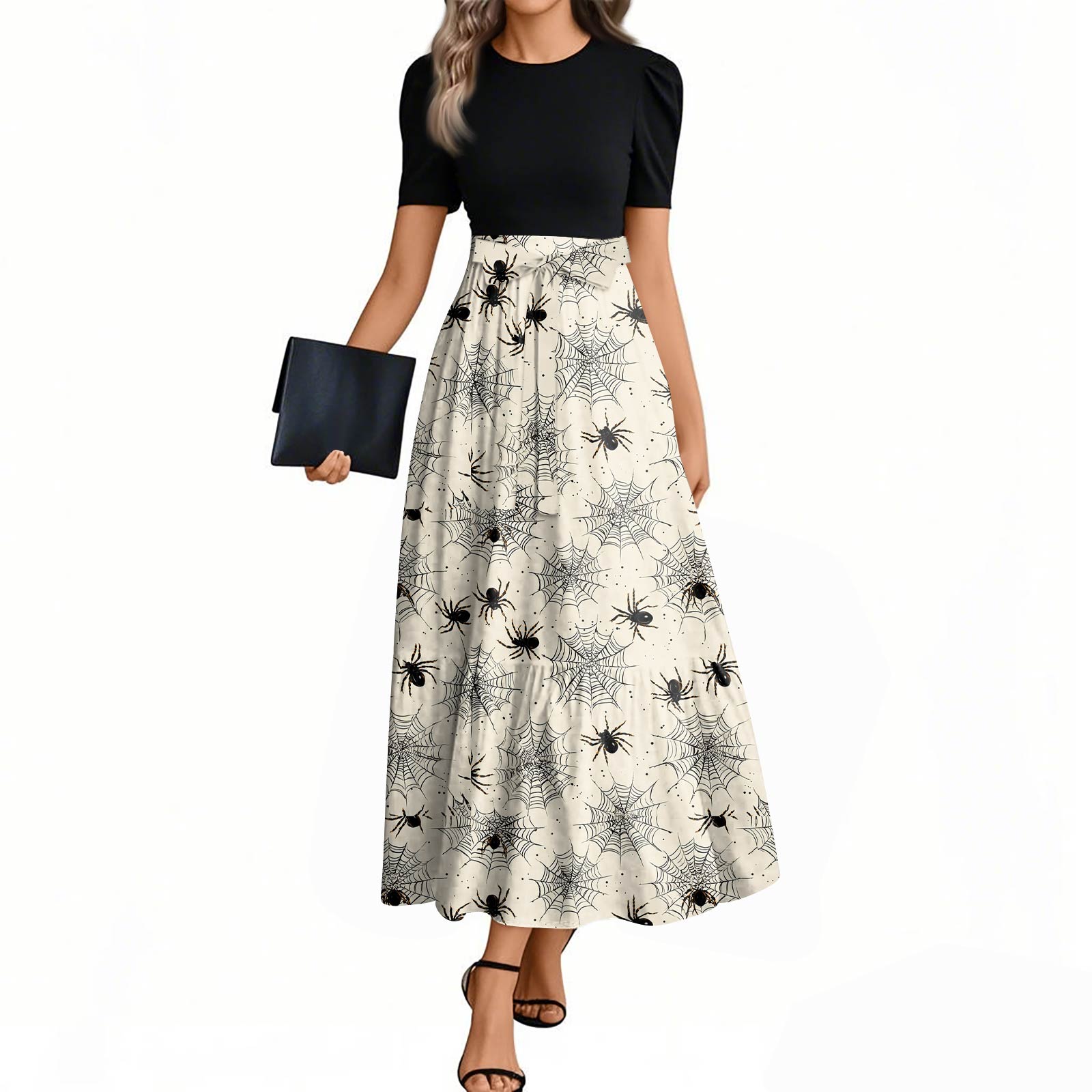 

Women s Fashion Casual Belted Short Sleeve Round Neck Halloween Print Elegant Dress S бежевий