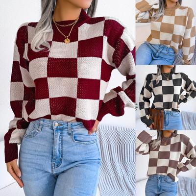 Herbst- und Winter-Streetstyle Kontrastfarbenes Karomuster Langarm-Pullover Strickpullover