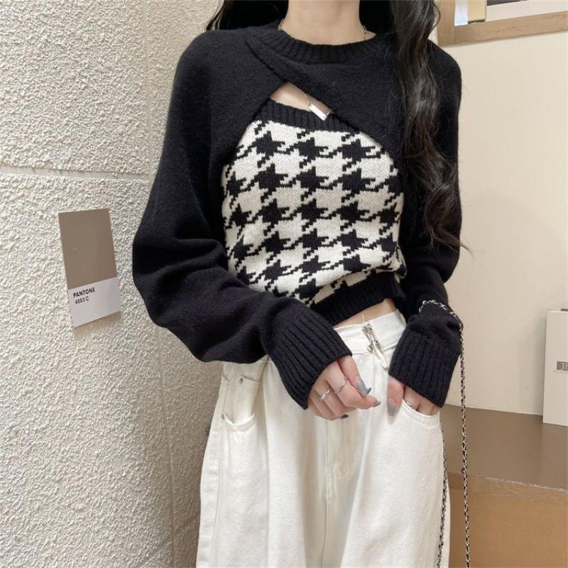 Cardigan tricotat Camisolă Costum de toamnă din două piese Purtați Tricouri în carouri Maioara mică Femei