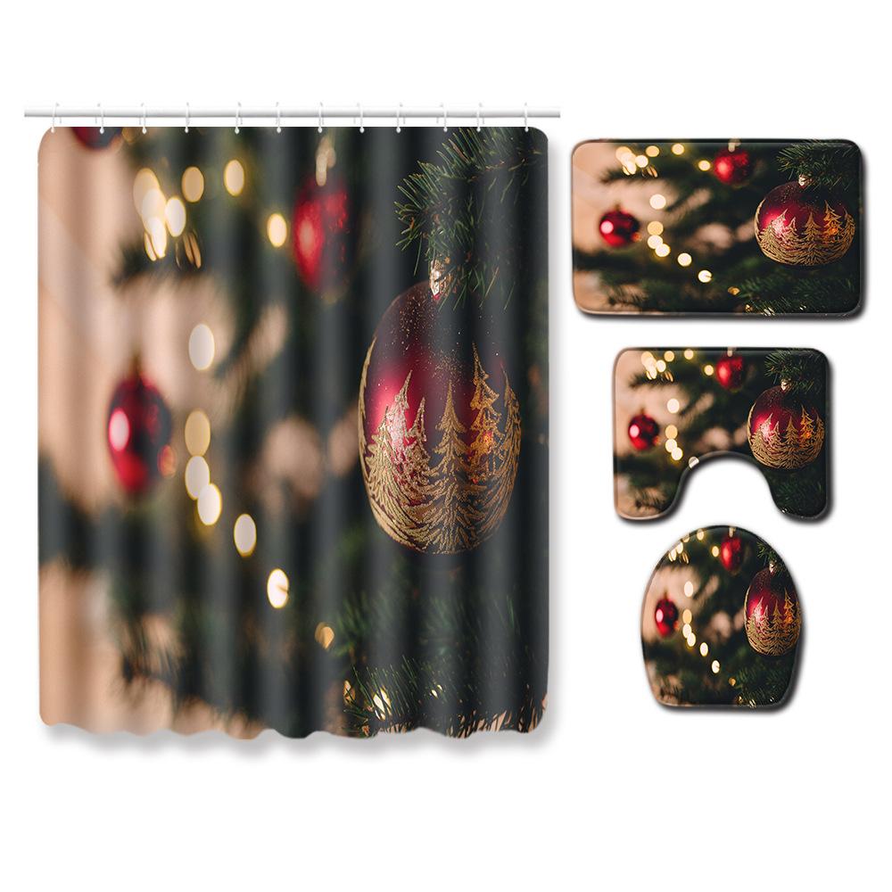Christmas Elements Bathroom Shower Curtain Floor Mat Toilet Cover Foot Mat Four-Piece Pattern Size