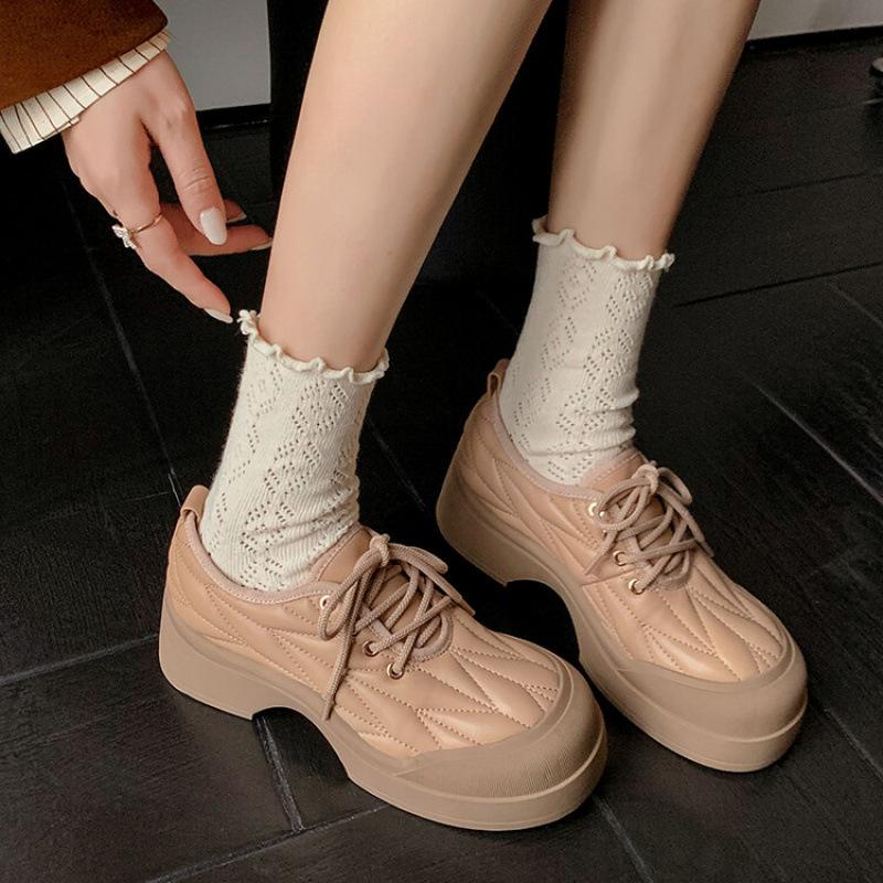 New leather casual single shoes women's non-slip thick-soled lace-up sheepskin women's shoes wear round head comfortable and soft single shoes in all