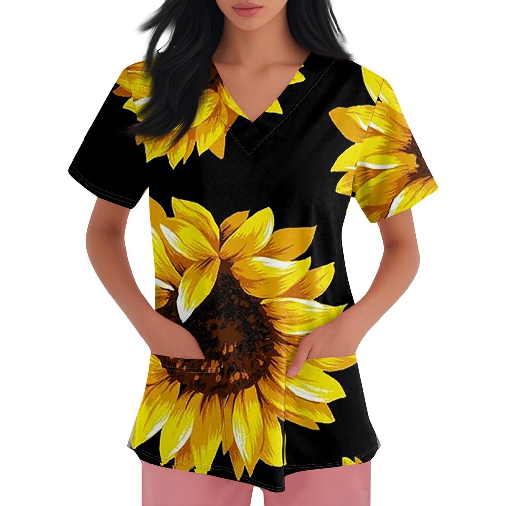 Damen V-Ausschnitt Cartoon-Print Kurzarm Tasche Seitenschlitz Schutzkleidung Oberteil