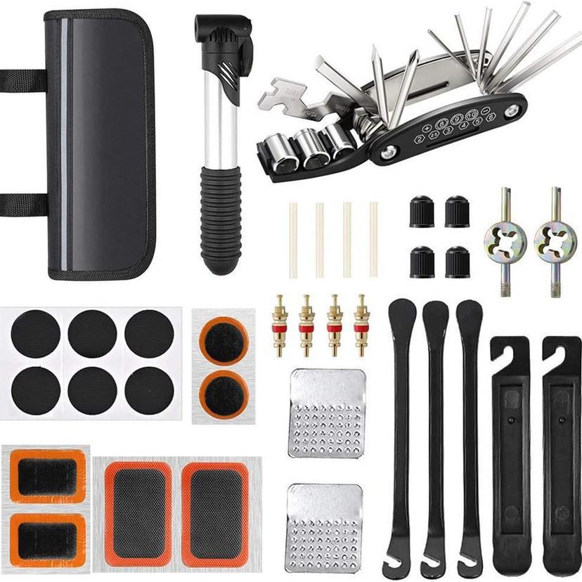 Portable Multifunctional Bike Repair Tool Set with Tire Patch and Inflator