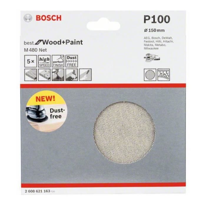 Feuille abrasive - Bosch - M480 Net Disc - 150 mm - Granulométrie 100 - Résine synthétique