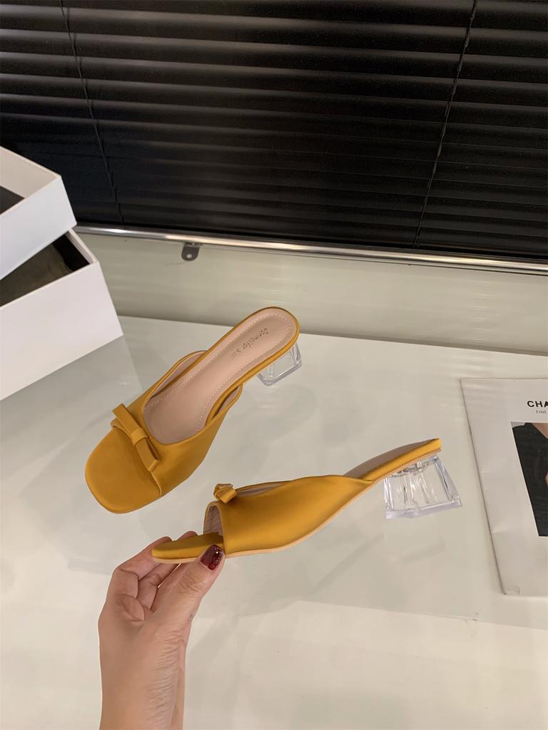 Transparent crystal thick heel bow satin French cool slippers women's shoes outer wear 2025 summer medium and high heel sandals
