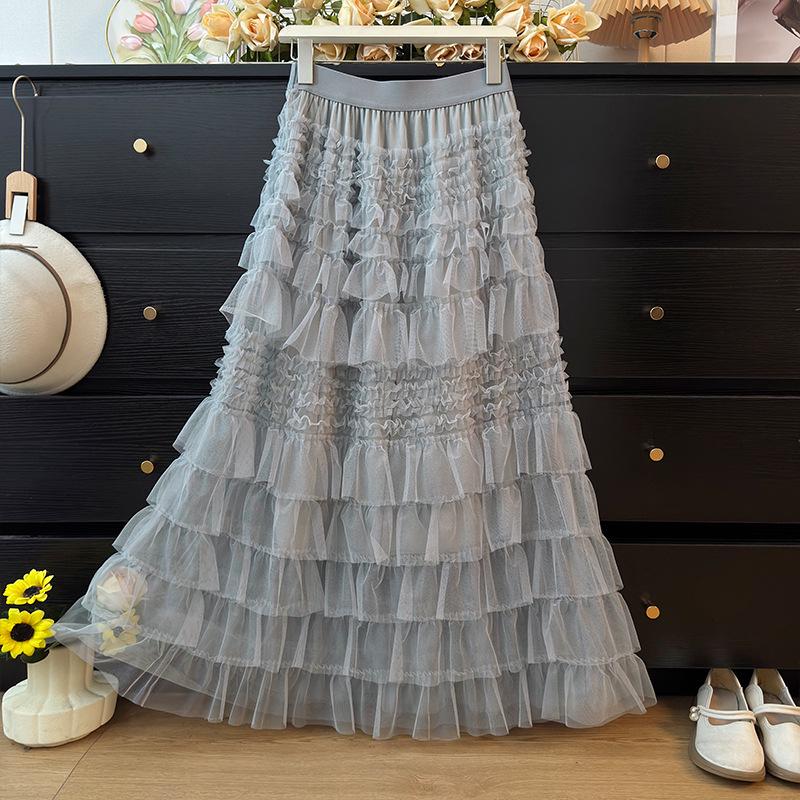 Elegant French Ruffled Multi-layered A-line Fluffy High-waisted Pleated Skirt for Women - Autumn 2025 Collection