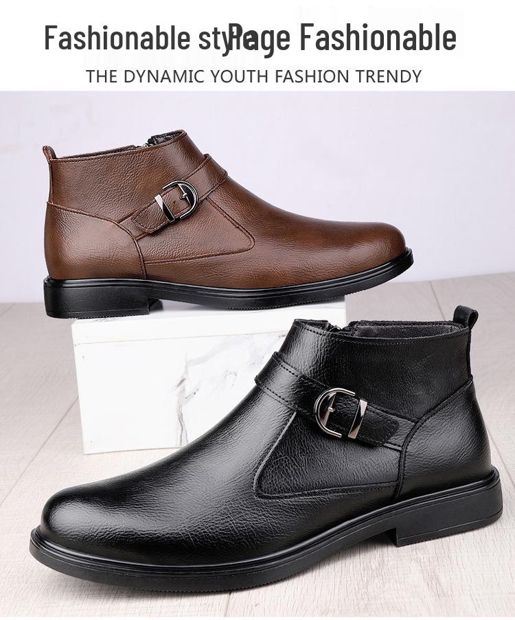 Men's High-Top Leather Slip-On Boots: Formal Casual Cowhide Shoes for Autumn/Winter with Warm Cotton, Large Sizes Available.