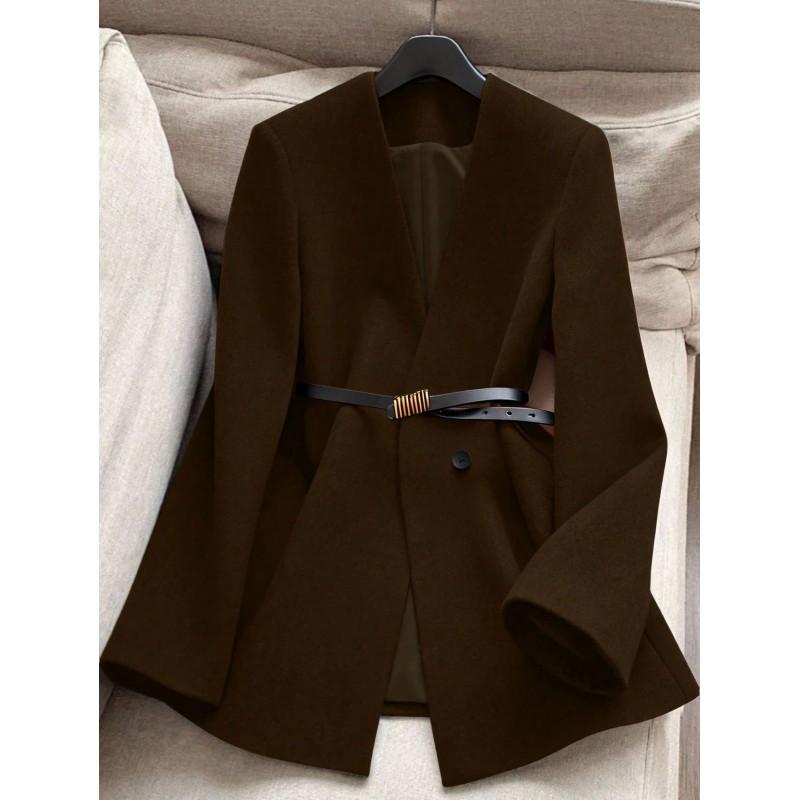 Womens Stand Collar Waist-Cinched Mid-Length Coat With Lining Elegant Office Wear 2026