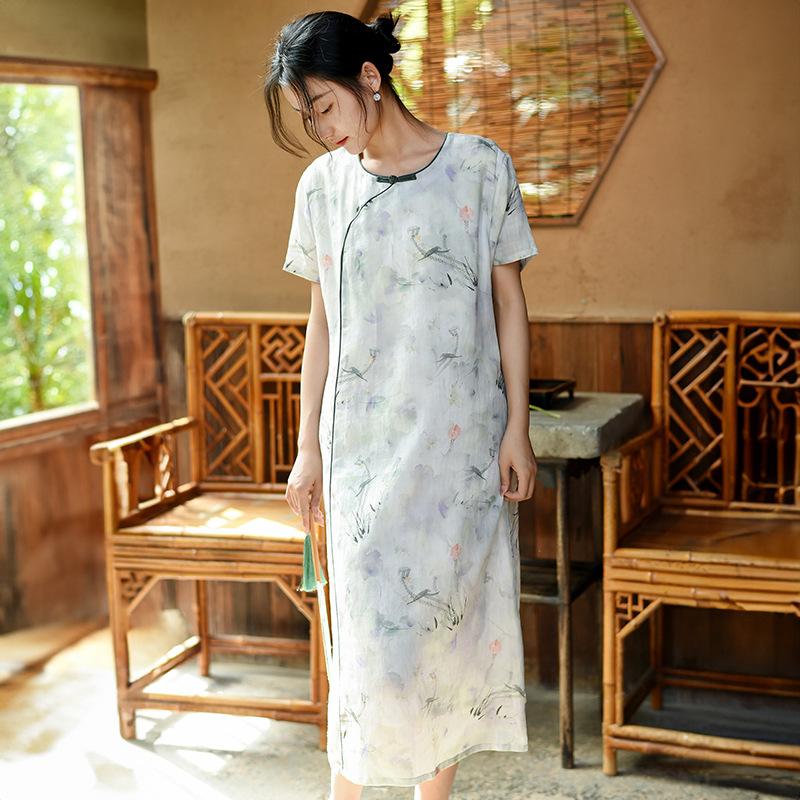 

Johnature женские платья в китайском стиле с цветочным принтом и круглым вырезом с коротким рукавом, высокое качество, летнее платье трапециевидной формы M зелёный