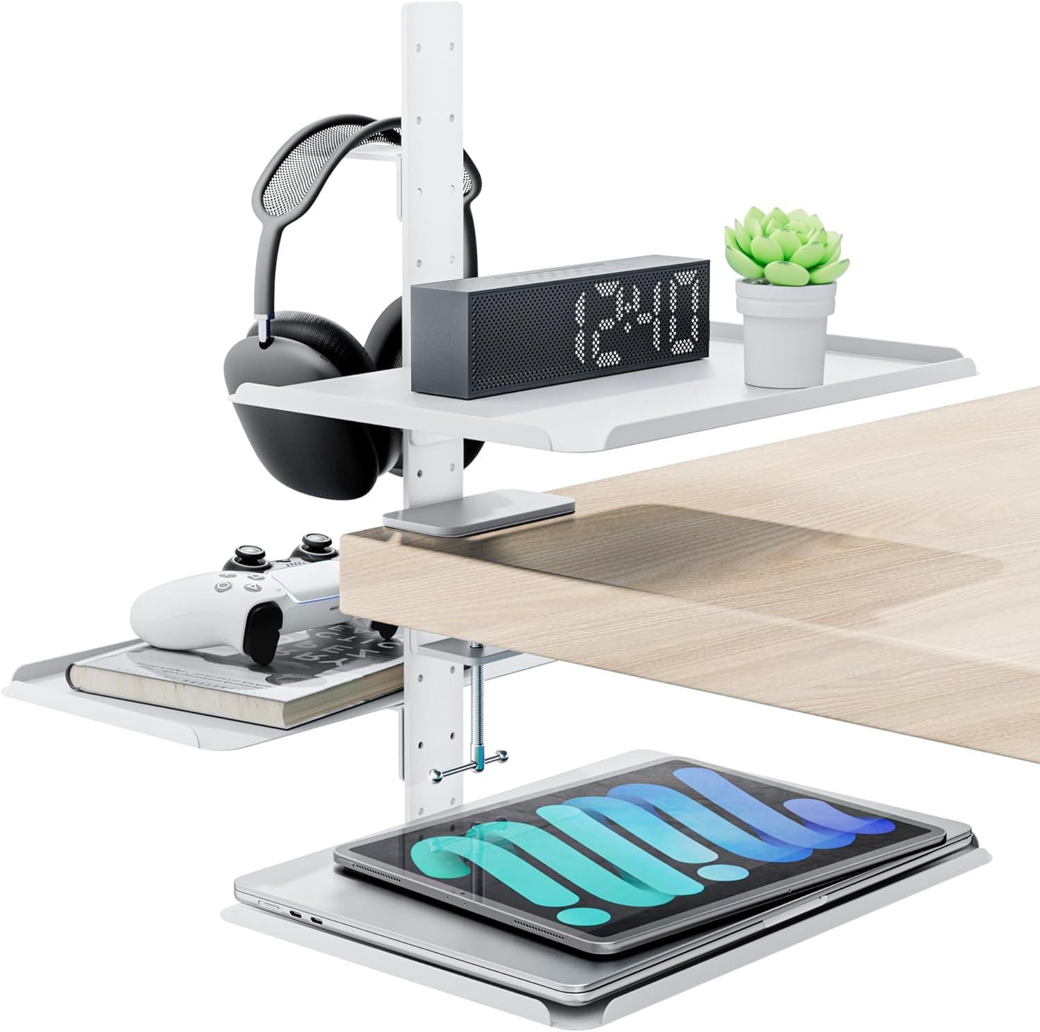 

AP LAB Deskside Storage [For Desk Organization] Multi-Stand Rack, Small Organizer, Space-Saving Tabletop Storage for Laptops and Smartphones (White,