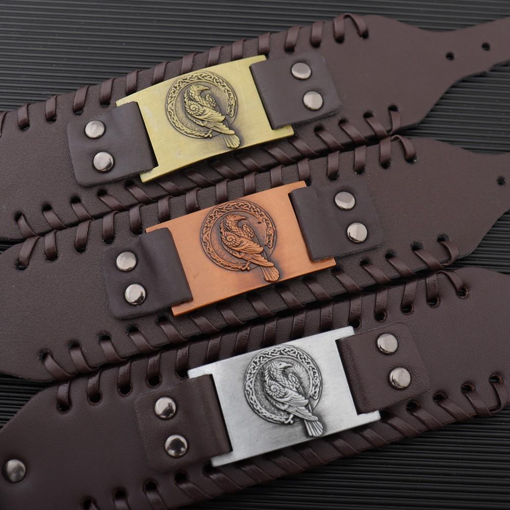 Trendy Wide Leather Woven Viking Rune Bracelet for Men Hip Hop Punk Jewelry Accessory Nordic Crow Charm Fashion