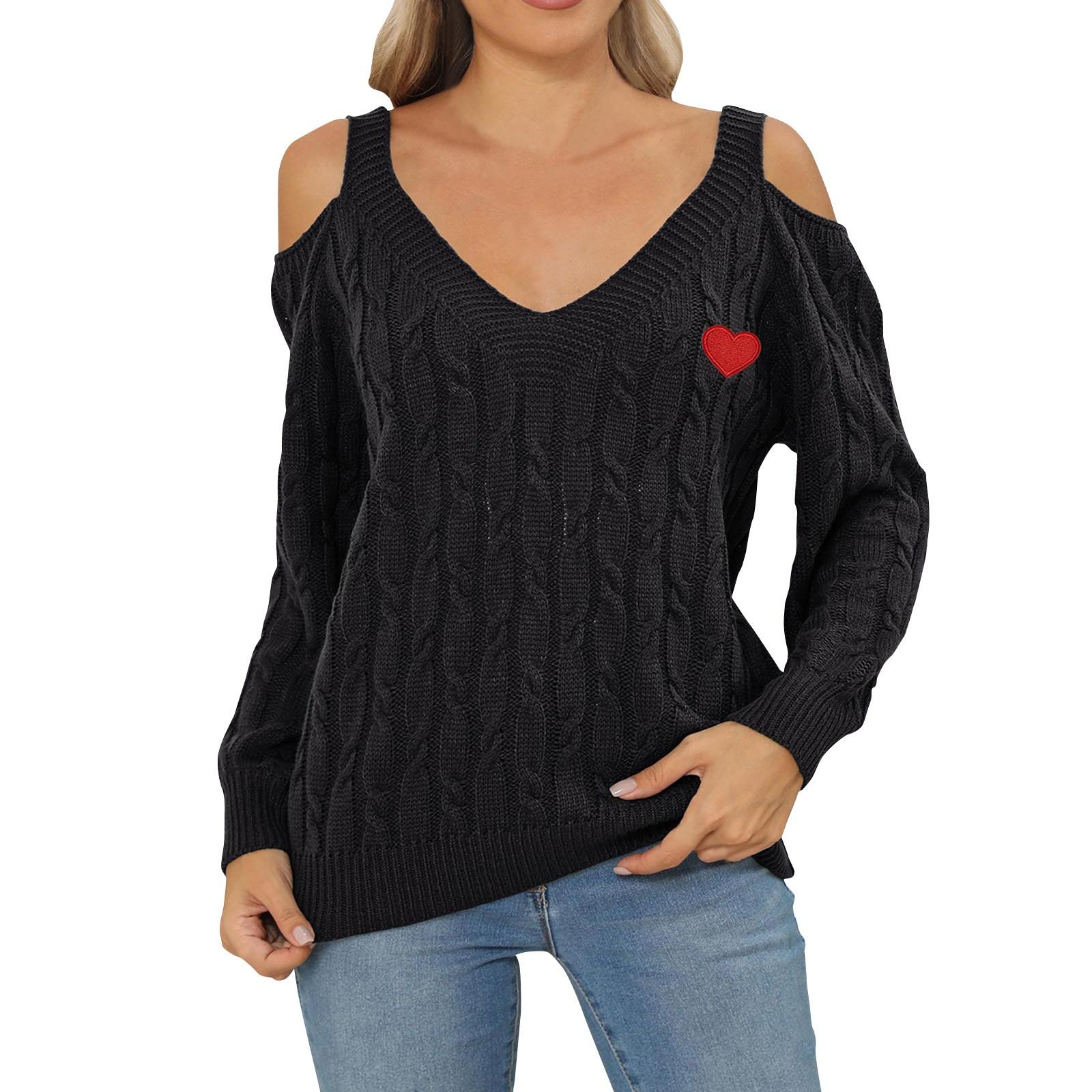 

Женский повседневный модный удобный глубокий V-образный вырез, сексуальный свободный пуловер с открытыми плечами, свитер, женские топы M чёрный