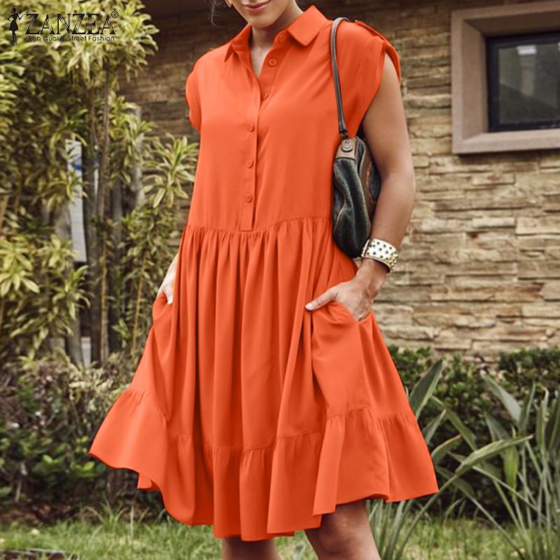

ZANZEA Женщины Отворачивающийся воротник Короткое рукавное платье Лето Мода Отдых Пляж Короткое платье