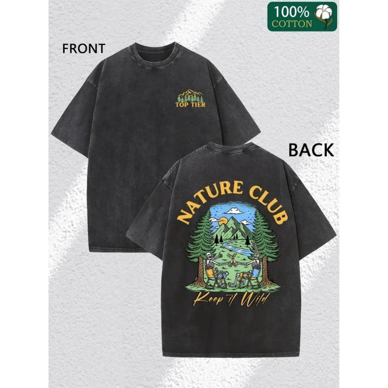 

Men S Retro Washed T-Shirt with a Double-Sided Natural Club Print, Featuring a Round Neck And Short Sleeves.This Casual Streetwear Is Machine Washable S