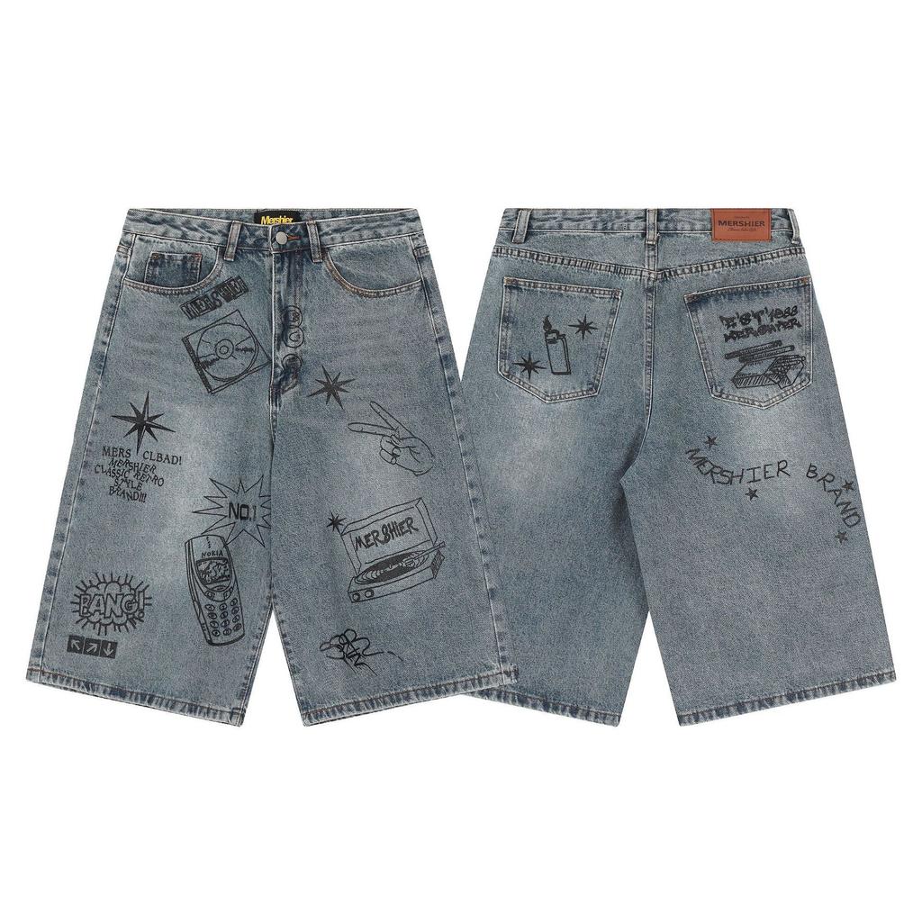Denim Shorts Summer Retro Graffiti Cropped Jeans Men's Street Trend High Waist Wide Leg Shorts for Men and Women