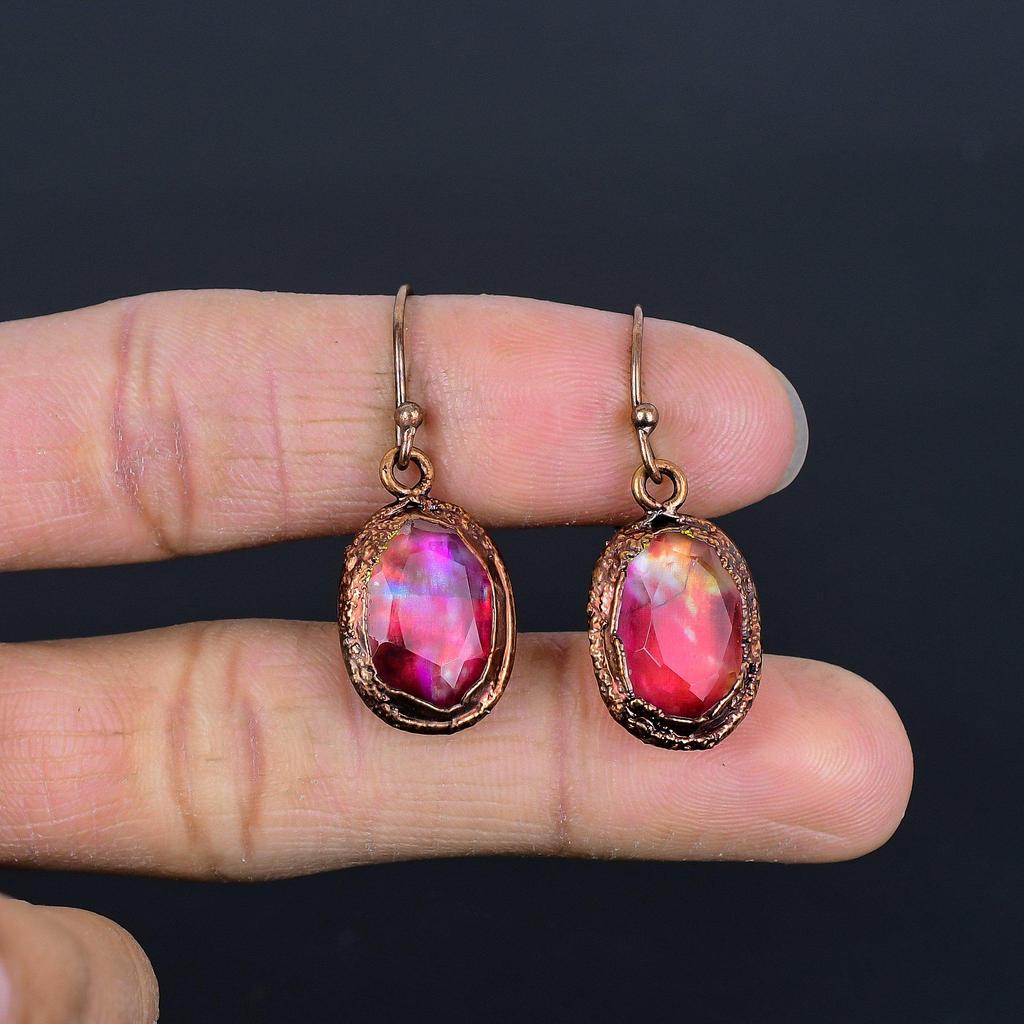 Ammolite Earrings Gemstone Jewelry, Copper Electroformed Handmade Earrings, Latest Design Jewelry