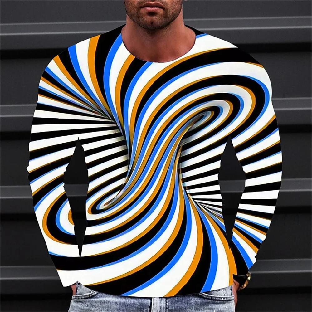 Fashionable Men's Printed T-shirt Optical Illusion Round Neck Long Sleeved Street Harajuku Exaggerated Designer Round Neck Top