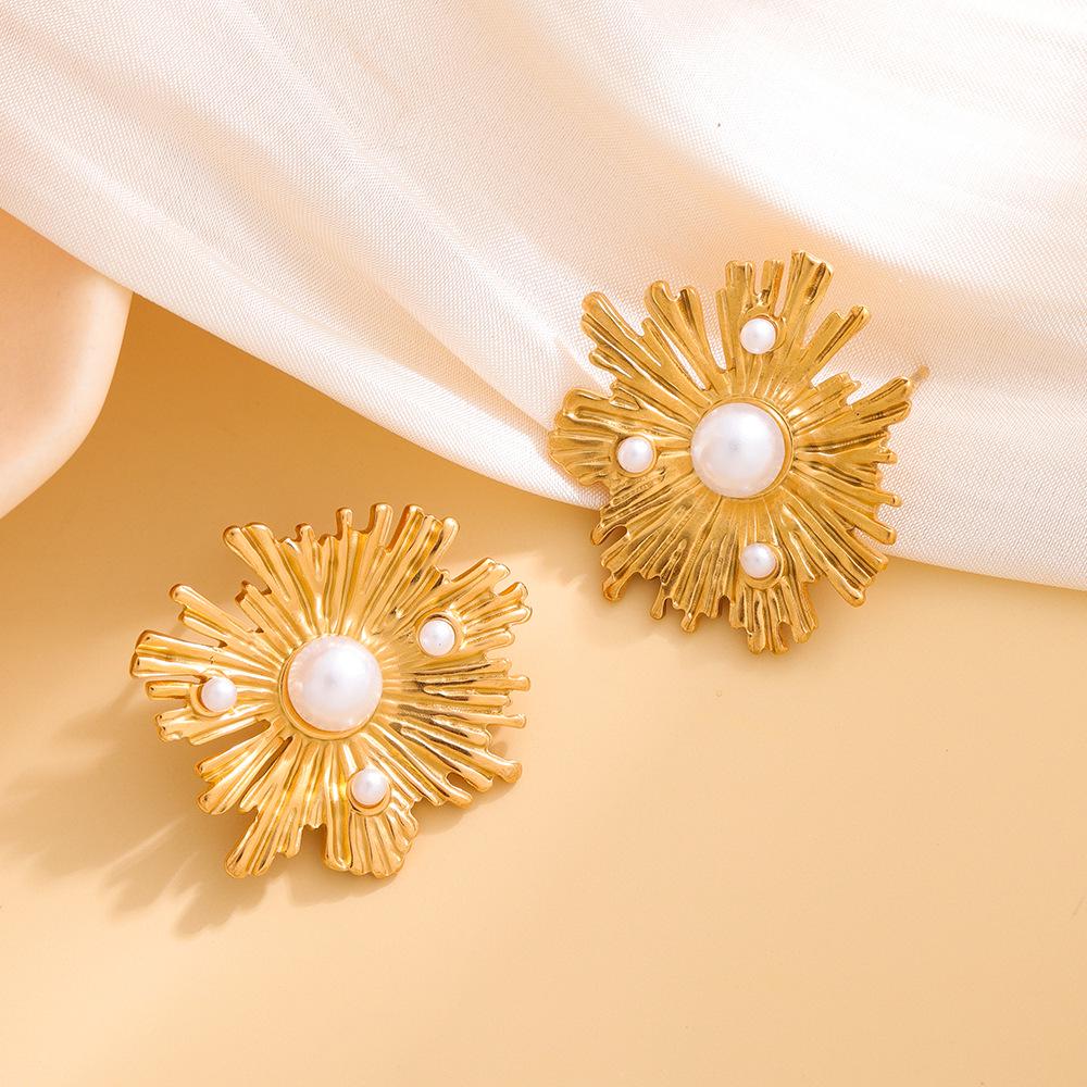 Polished Stainless Steel Pearl Stud Earrings for Women - Irregular Geometric Flower Design