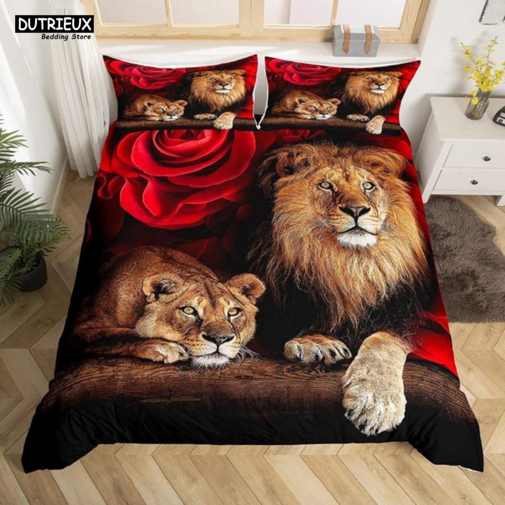 Comforter 3 - Pcs Strong Lions Tiger & Flame Wolf - Themed Bedding Set With Ideal For Kids & Women'S Rose Room Decor
