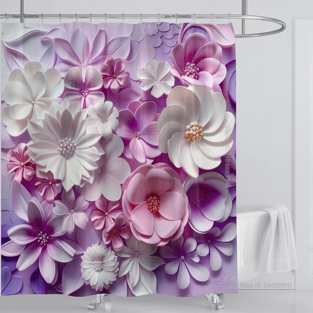3D Red Floral Shower Curtain Set Pink Flower Design Fabric Bathroom Decor Waterproof Washable Shower Curtain Set with Hooks