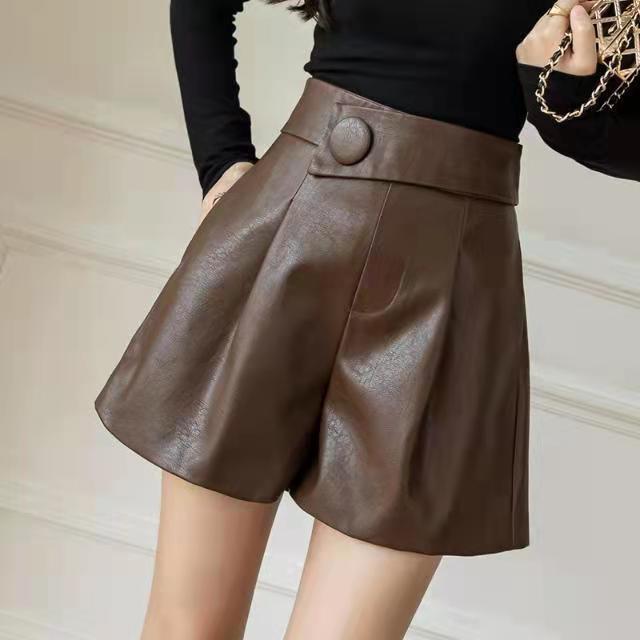 Korean PU Leather High-Waisted Wide-Leg A-Line Bootcut Shorts - Women's Versatile Autumn/Winter Casual Outerwear.
