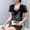 Summer Chic Women Clothes T-shirt Sexy Hollow Out Cartoon Swan Hot Diamonds Tops High Quality Female Luxury Slim Stretch Tees