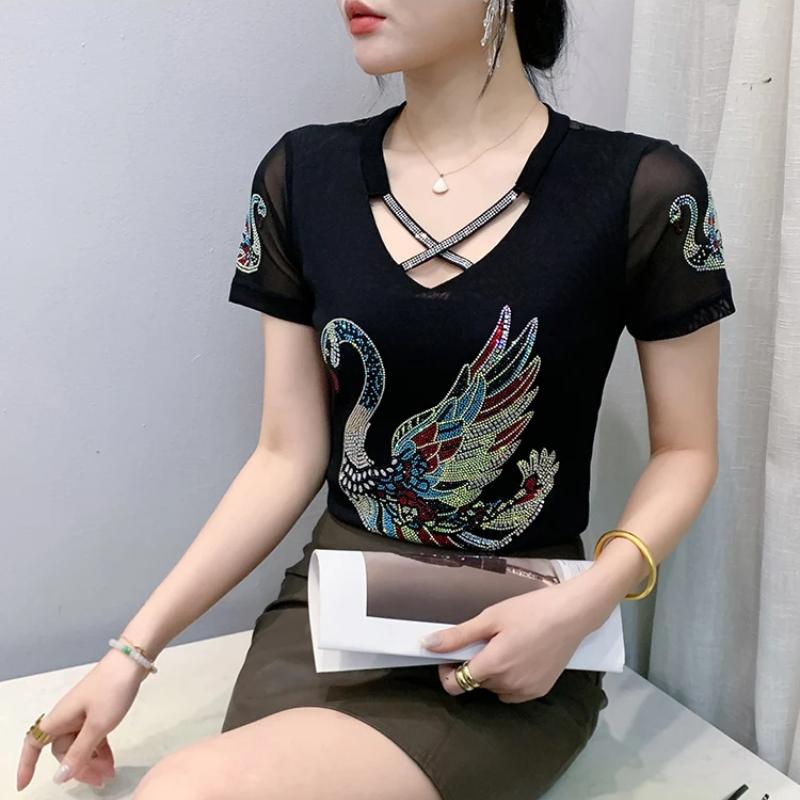 Summer Chic Women Clothes T-shirt Sexy Hollow Out Cartoon Swan Hot Diamonds Tops High Quality Female Luxury Slim Stretch Tees