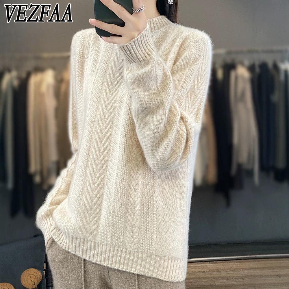 VEZFAA Damesmode Casual Herfst Winter Effen Kleur Print Lange Mouw Halfcoltrui Truien