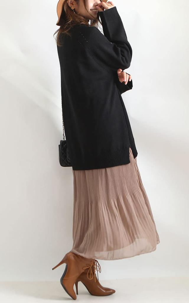 Gold Japan Plus Size Long Size 4L Women's Dress, Sleeve, Knit, Pleated, V-Neck, Black, bro-swnsn05,