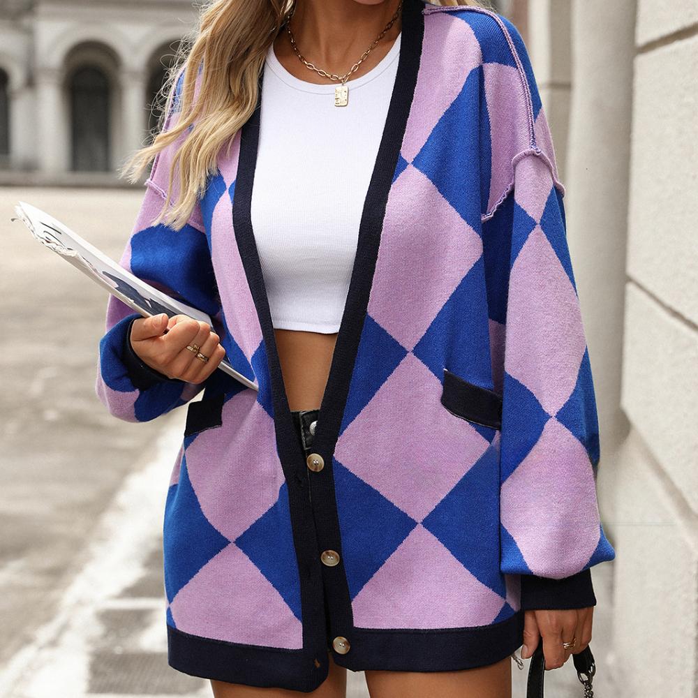 IHUASU Women's Autumn and Winter V-neck Diamond Lattice Splicing Collision Loose Knit Cardigan Jacket Jumper