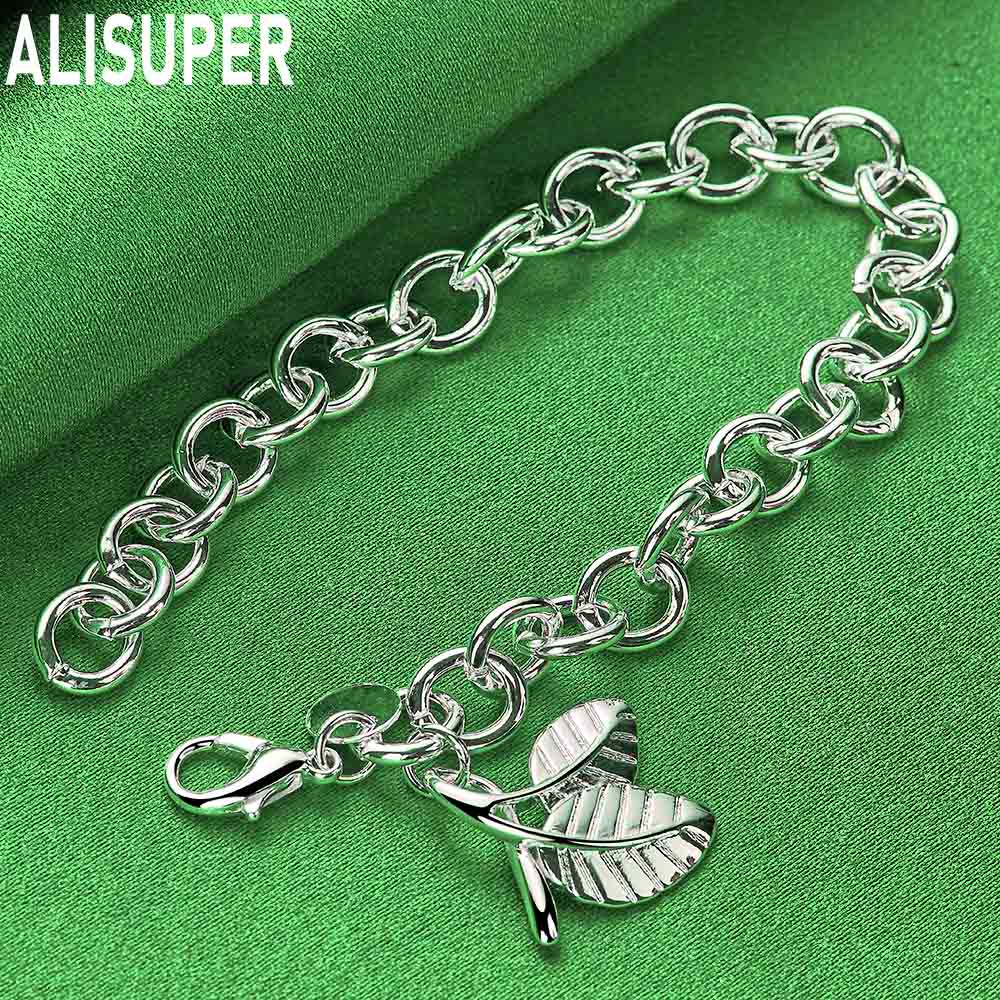 925 Sterling Silver Charming Side Chain Double Leaf Bracelet Gift Jewelry
