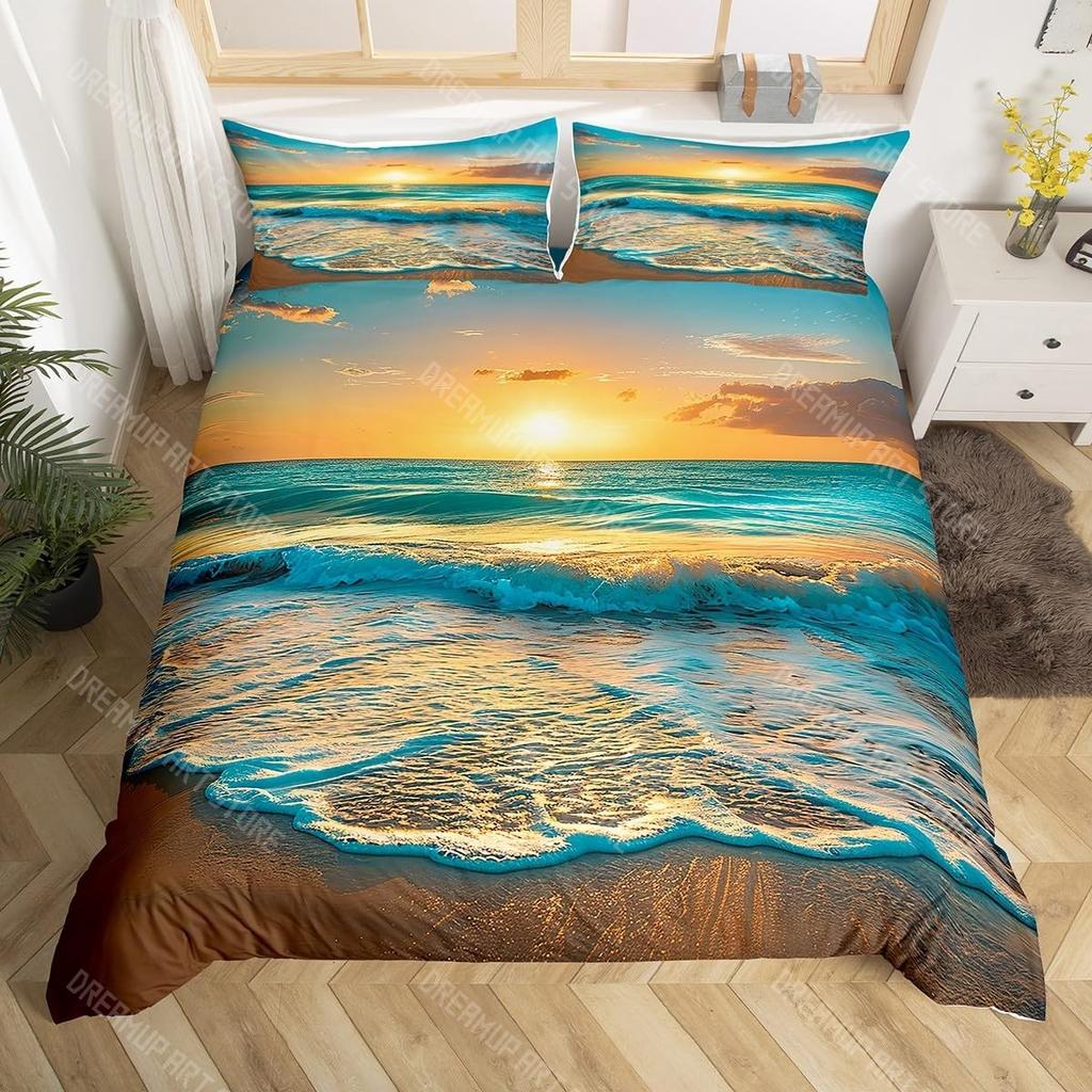 Bettwäsche-Set mit Strandthema King Queen Größe Ozeanwelle Sonnenuntergang Bettbezug Küsten-Nautik-Bettdeckenbezug Meereslandschaft Bettdeckenbezug