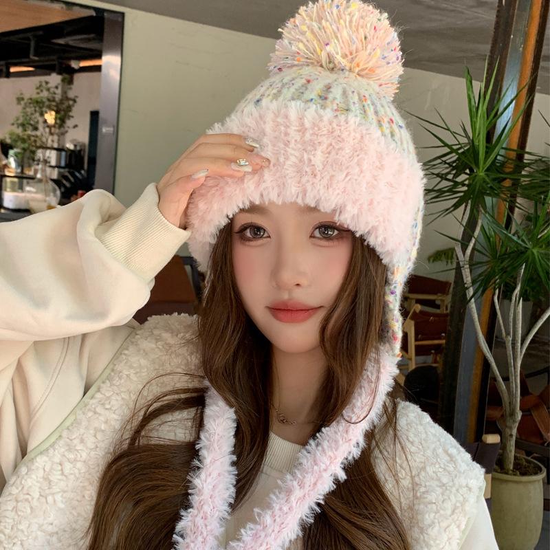 Women's Winter Knit Beanie Hat with Earmuffs, Soft Cotton Blend, One Size Fits Most, Solid Color, Fantasy Theme, Lightweight and Adjustable