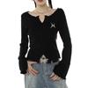 2KWEIRD Y2K Gothic Black Crop Tops Women Harajuku Grunge Graphic T Shirts Vintage V-neck Slim Long Sleeve Tees Kpop Aesthetic