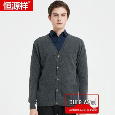 Hengyuanxiang Herren V-Ausschnitt 100% Wolle Cardigan