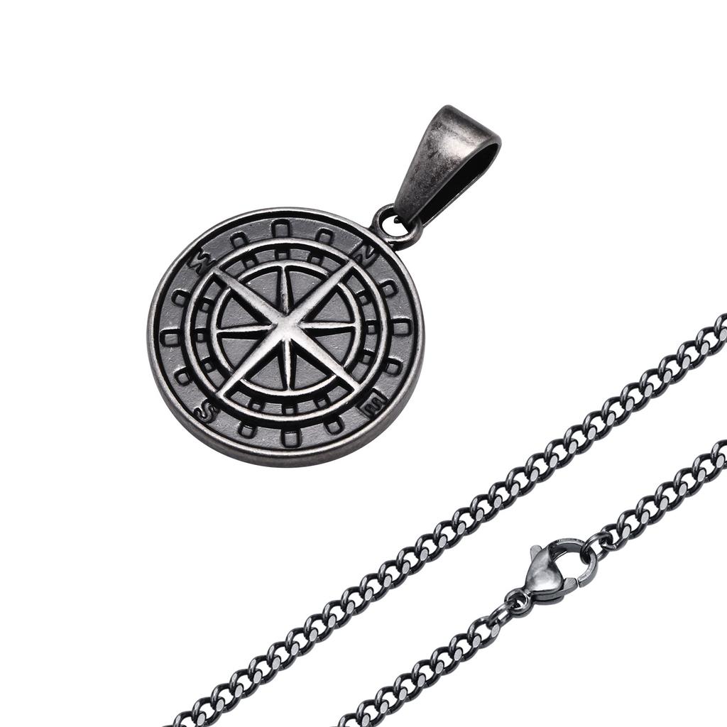 Men Retro Silver Color Seeker Compass Necklaces, Rock Punk Vintage Metal Stainless Steel Round Coin Pendant Collar Gift Jewelry
