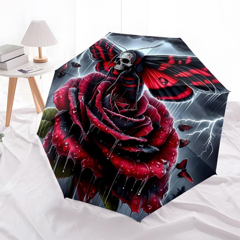 Red Rose Moth Automatic Folding Umbrella: Stylish Design with 8-Bone Frame, Perfect for Travelers and Daily Use - Ideal Gift for Fans and Oc