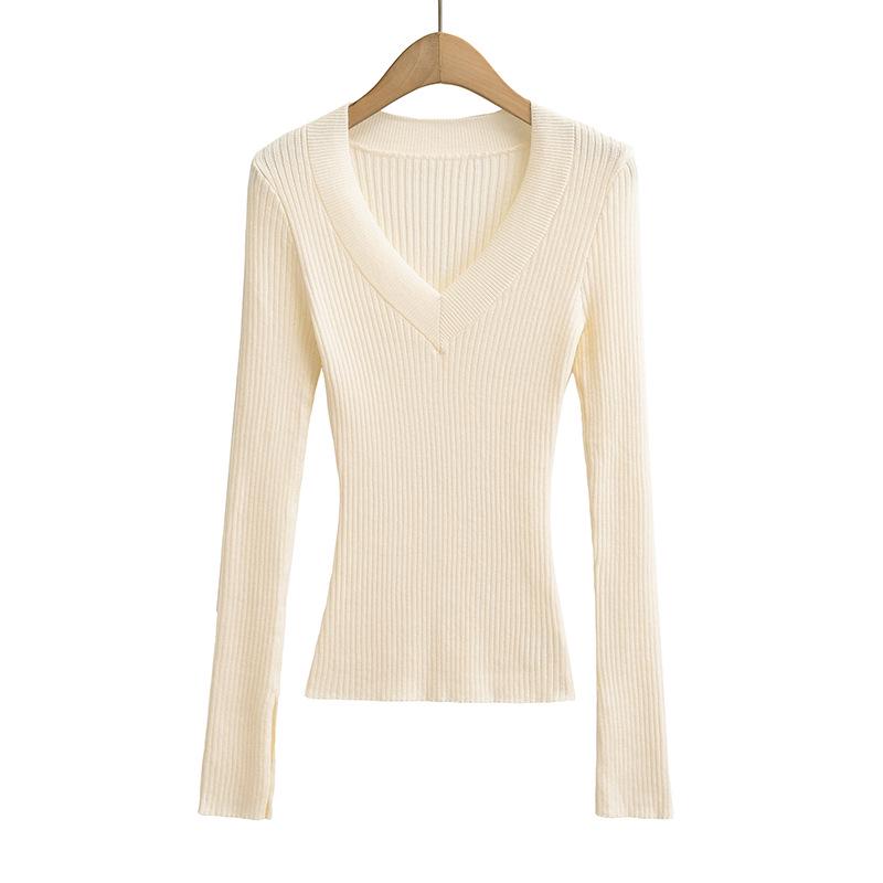 Spicy Girl Deep V-neck Slit Cuff Sweater: Women's 2024 Slimming Autumn Top