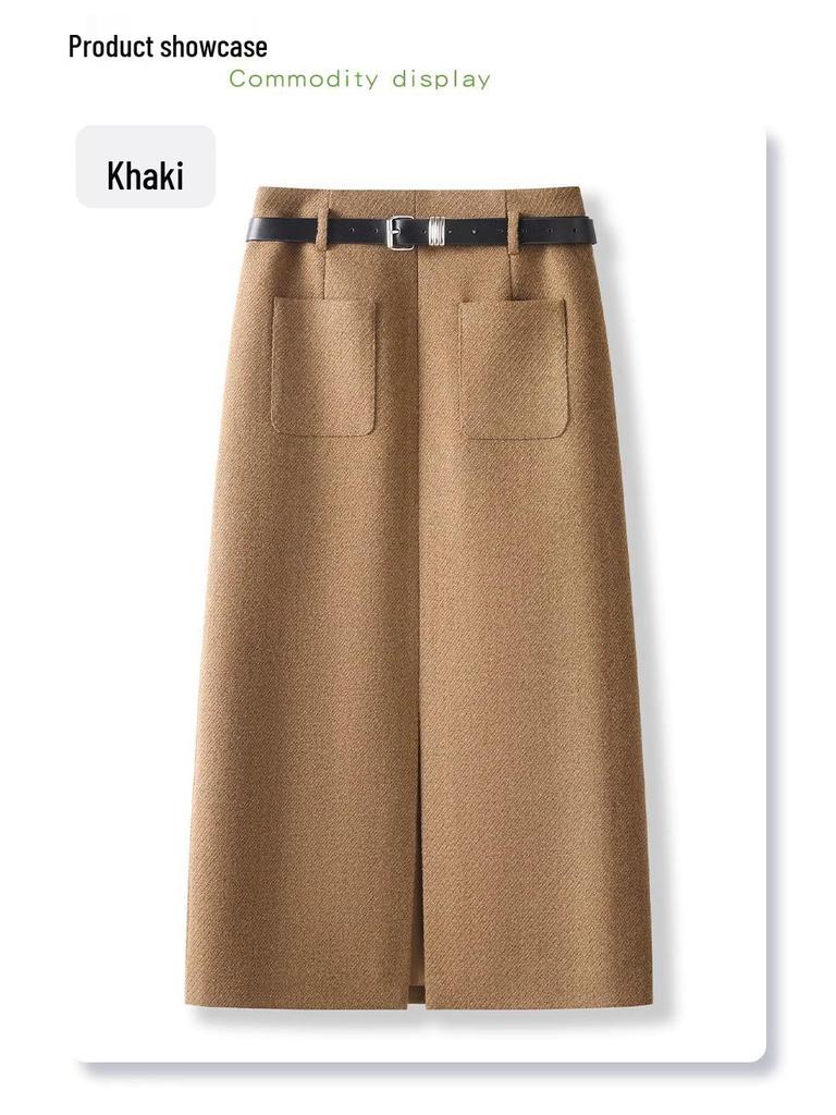 2024 Women's Woolen Bodycon Midi Skirt - Spring/Autumn Slimming Slit Design