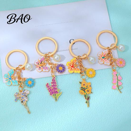 Keychain Pendant with Round Imitation Pearls, Flower Butterfly Enamel Charm Multi-color Key Ring, Pastoral Style Layered Holder Strong Chain Keyring